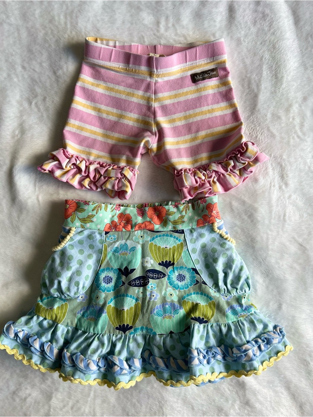 Matilda Jane Kids Pink Striped Ruffle Shorts & Floral Skirt Set